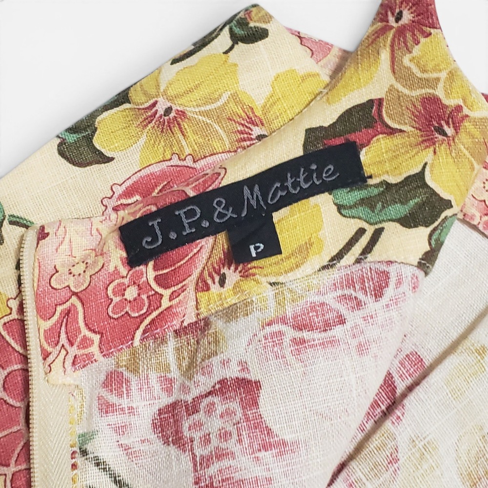 VTG J.P. & Mattie 100% Linen Yellow Floral Fit & Flare Dress Petite 90s Retro - Picture 5 of 11